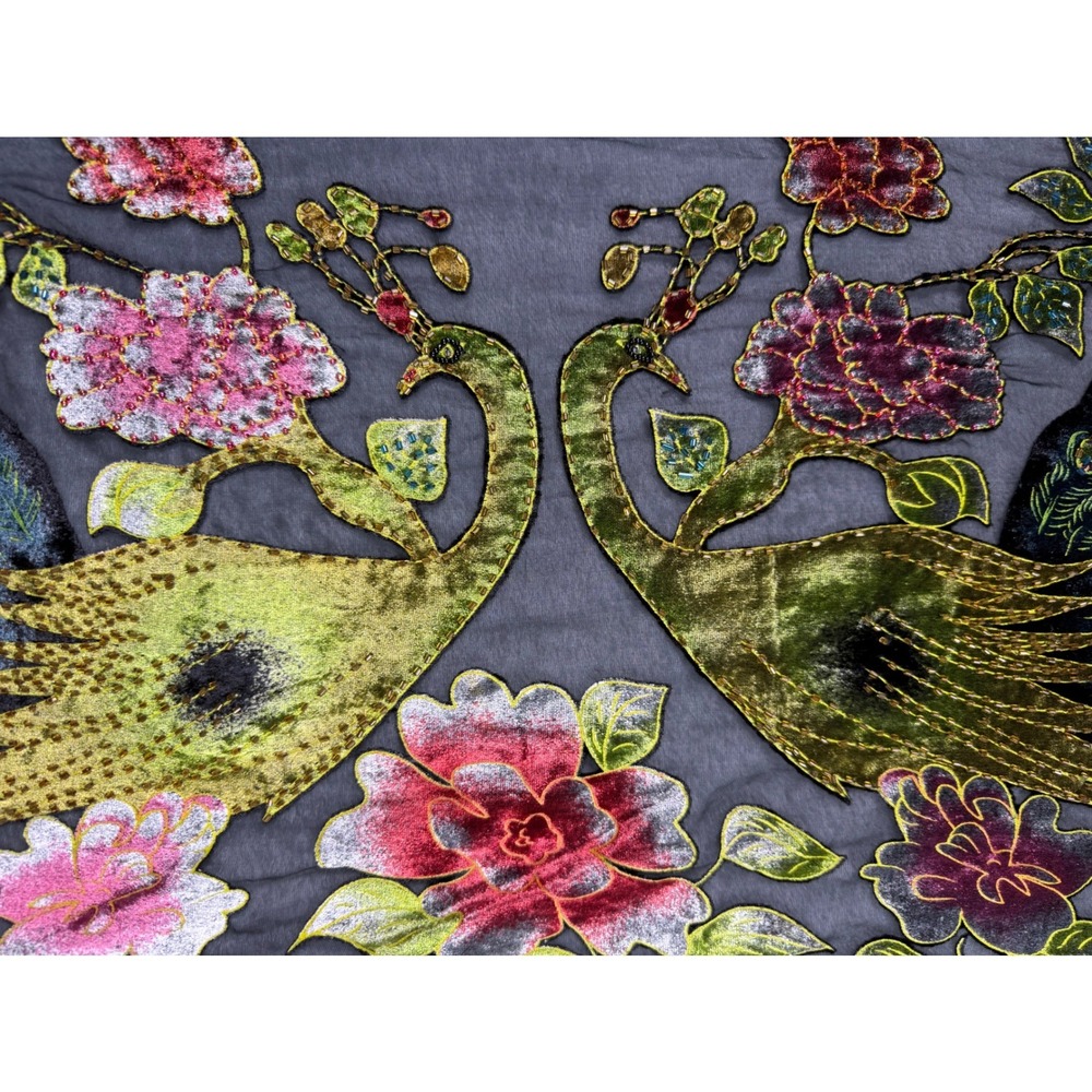Stunning Sparkly Vintage Peacock Hand Beaded Mesh Silk Velvet Shawl Wrap Scarf